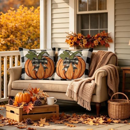 Fall Pillow Covers 22x22 Inch Set of 2, Burnt Orange Pumpkin Buffalo