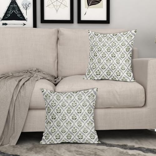 Sage Green Grey Gray Floral Block Print Pillow Covers 18X18 Set of 2