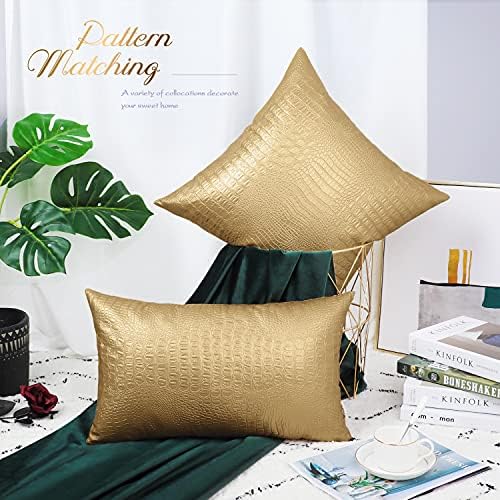 BRAWARM Gold Faux Leather Pillow Covers 20x20, Embossed Crocodile