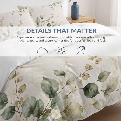 Sage Green Leaf Queen Duvet Cover Set, Botanical Watercolor Eucalyptus