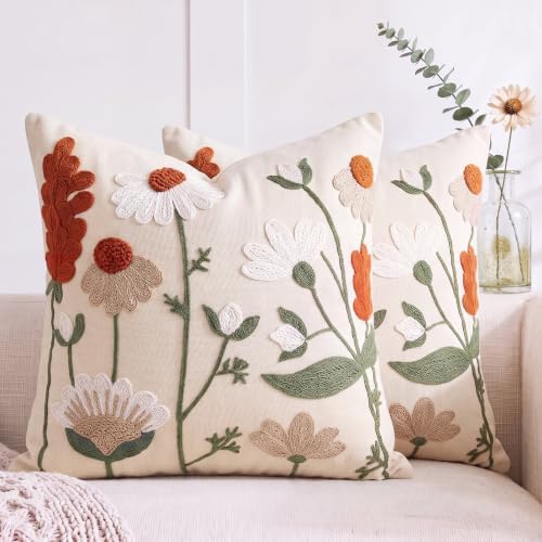 Embroidered Throw Pillow Covers 18x18, 2 Pack, Rust Floral Couch Decor
