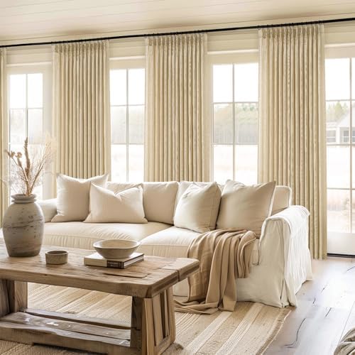 96 Inches Long Pinch Pleated Semi Sheer Curtains,Beige Light Linen