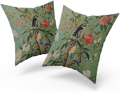 Green Chinoiserie Pillow Cover 20x20 Inch Vintage Bird Flower Throw