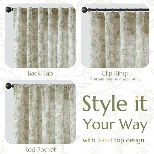 jinchan Green Floral Linen Curtains 84 Inch Vintage Back Tab 2 Panels
