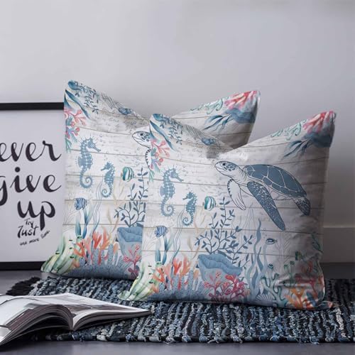 Pillow Covers 20x20 Set of 2, Coastal Turtle Square Throw Pillow