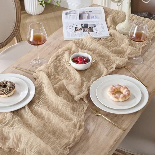 12 Pack Tan Beige Cheesecloth Table Runners, 120 Inch 10Ft Gauze Table