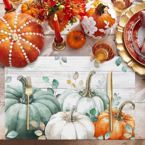 Placemats Set of 8, Country Thanksgiving Pumpkin Washable Table Mats