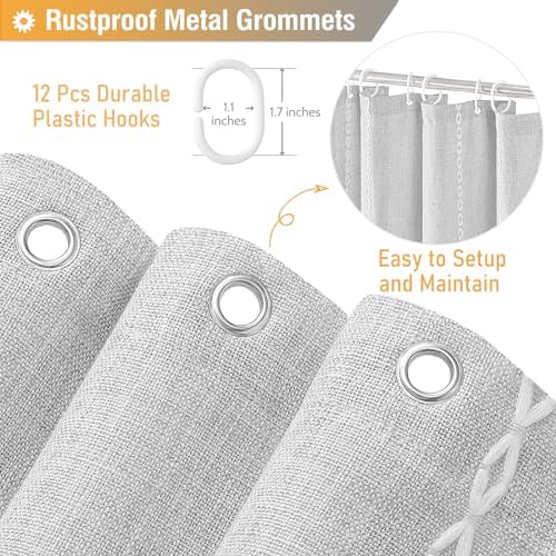 BTTN Grey Boho Farmhouse Linen Heavy Duty Shower Curtain Set, Gray