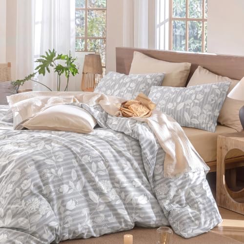 Gray Floral Duvet Cover Set King Size, Light Gray Leaf Floral Stripe