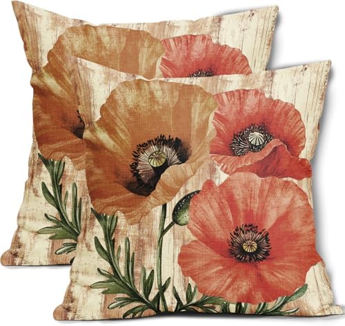 Vintage Red and Orange Floral Throw Pillow Covers 18x18 Inch Set of 2