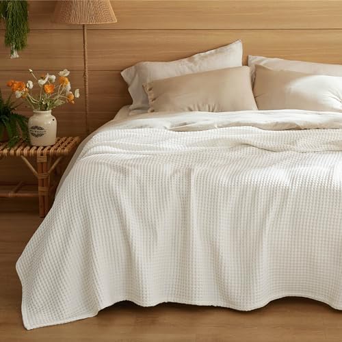 Bedsure Lightweight 100% Cotton Waffle Blanket, Queen, Ivory