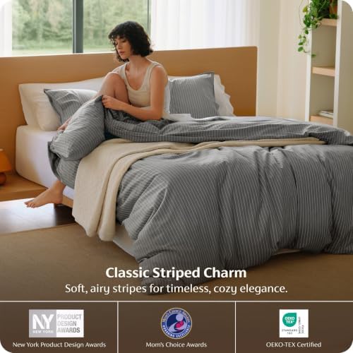 Bedsure PureWoven Striped Duvet Cover Set Linen‐Like, King Size, 3-PC