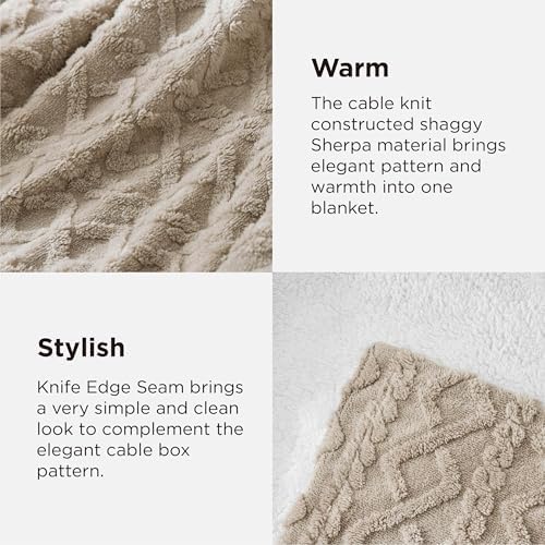 Bedsure Sherpa Fleece Blanket, Cable Jacquard Tufted, Warm, Beige