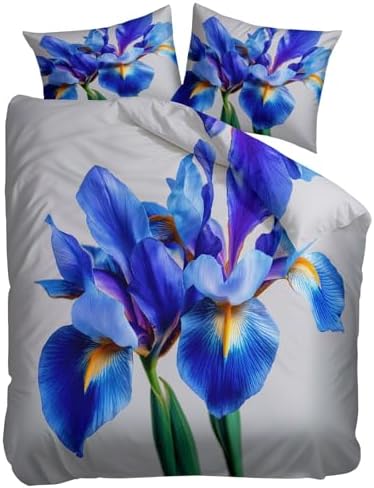 Plant Iris Duvet Cover King Grey 3PCS Bedding Set for Kids and Adults