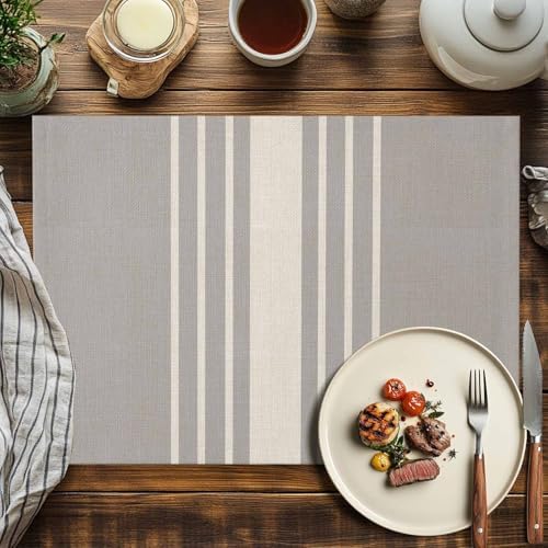 Placemats Set of 6, Beige Striped Cotton Linen Place Mats, Grey