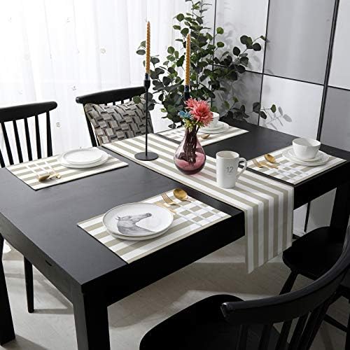 Table Runner and Placemats Set of 6 Tan and White Stripe Decorative