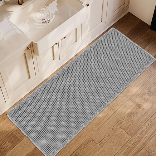 ZALL Grey Waffle Bath Mat,Super Absorbent Non Slip Long Bathroom
