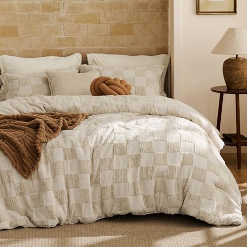 Bedsure King Size Comforter Set Boho, Vintage Plaid Bedding Set Beige