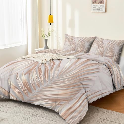 Duvet Cover Set Plants 3D Minimalist Palm Leaves - Light Gray Soft