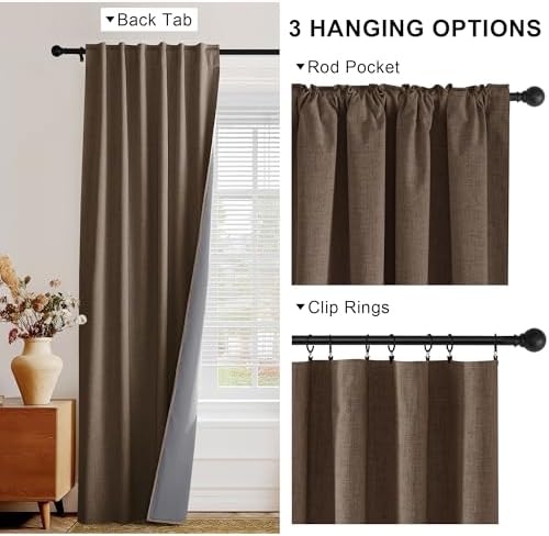 PONY DANCE Linen Blackout Curtains, 52x72, Brown, Back Tab Rod Pocket