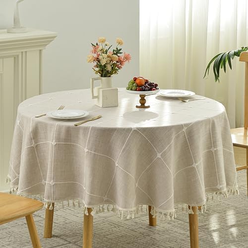 Lattice Embroidery Plaid Round Tablecloth with Tassel, Round 70 Inch