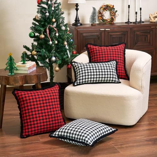 18x18 Black and White Christmas Outdoor Plaid Throw Pillow Covers Set