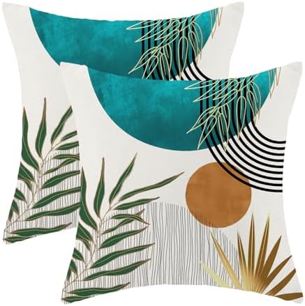 Boho Pillow Covers 20x20 Inch 2 Pcs,Aqua Teal Green Gold Tropical Leaf