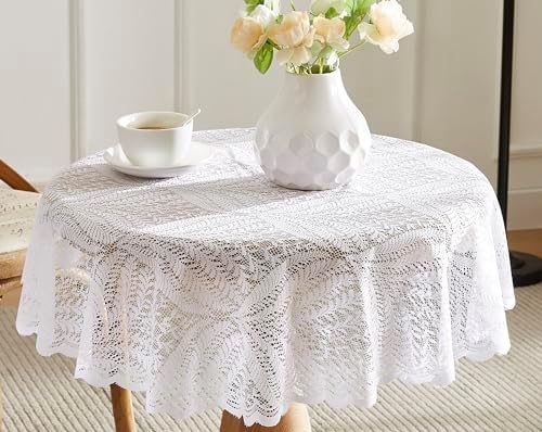 LinenZone 90 White Lace Round Tablecloth. (Amelia 90 Round, White)