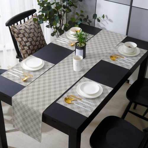 Taupe Grid Table Runner and Placemats Set of 6 Gray Lines Cotton Linen