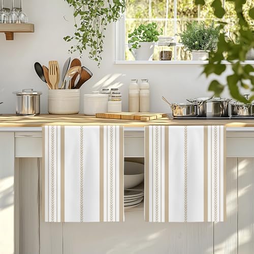 Beige Vertical Stripes Kitchen Towels Set of 3, Absorbent Dish Towels