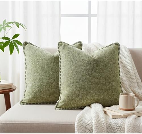 22x22 Pillow Cover Set of 2 Olive Green Soft Textured Chenille Comfy