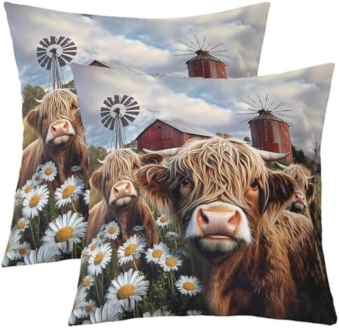 jejeloiu Highland Cow Throw Pillow Covers Set of 2 Daisy Botanical
