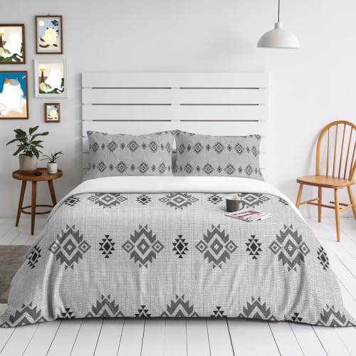 Grey Boho Duvet Cover Full Size, Western Ethnic Tribe Linen Texture