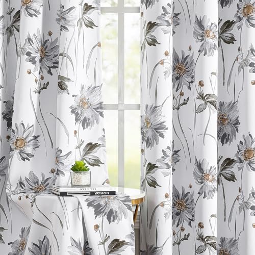 BROSHAN Gray Floral Bedroom Blackout Curtains Short 63 inches