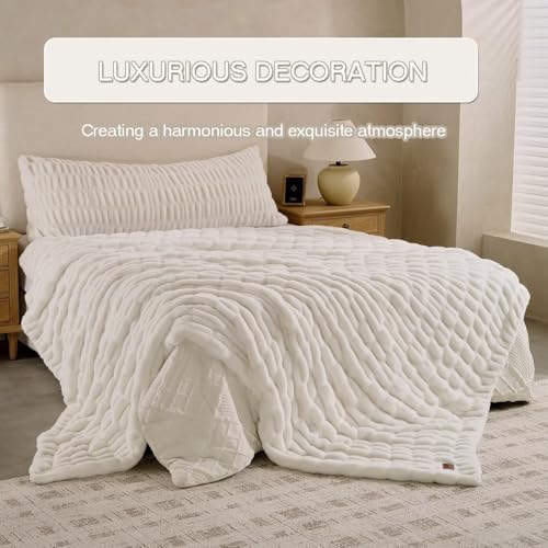 Cream Double Side Faux Fur Throw Blanket,Cozy Soft Fuzzy Fluffy Faux