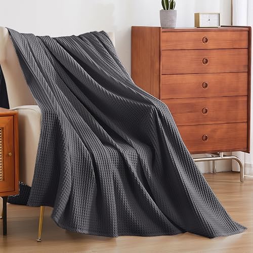 100% Cotton Waffle Throw Blanket for Bed King Size Dark Grey, 104" x
