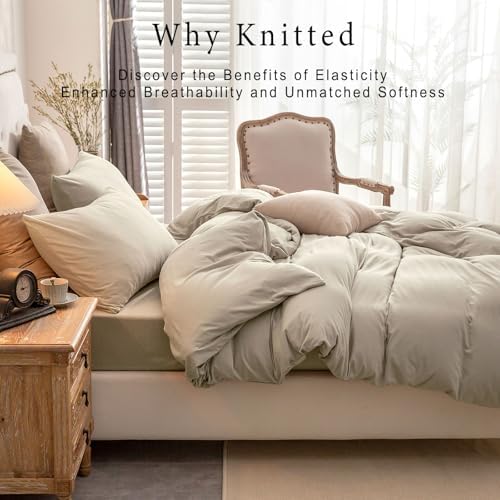 PURE ERA Jersey Knit Duvet Cover Set Solid Dark Beige Queen