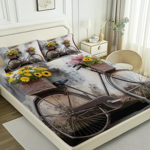Fitted Sheet 3 Pieces Twin XL Size Retro Street Photography Bicycle