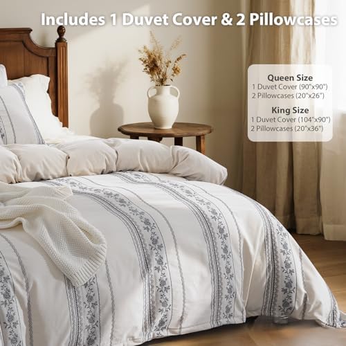 Cotton Linen Duvet Cover King Size, Natural Rose Vine Stripe Textured