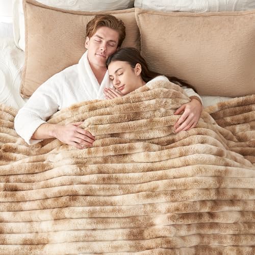 Cozy Bliss Faux Fur Throw Blanket for Couch, Cozy Warm Plush Striped