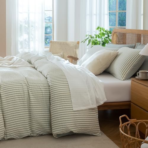 Duvet Cover Set King Striped Sage Green, 100% Washed Microfiber