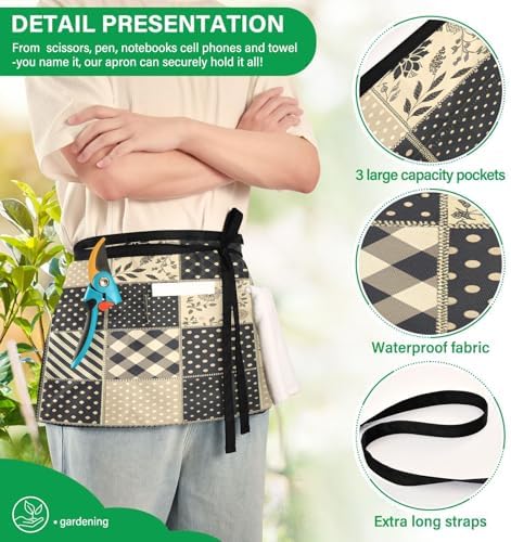 Gingham Patchwork Black Beige Server Aprons with 3 Pockets, Water