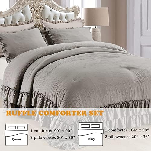 Masaca Gray Ruffled Comforter Set King,Farmhouse Shabby Boho Chic