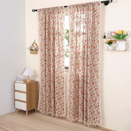 1 Pair Floral Linen Curtains Rustic Country Style Light Filtering Rod
