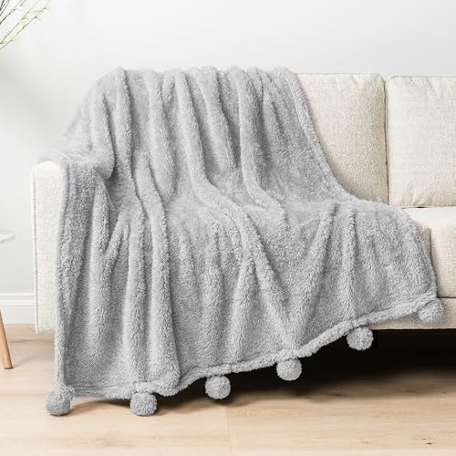 PAVILIA Soft Sherpa Twin Blanket Pom Pom for Couch Bed, Light Gray