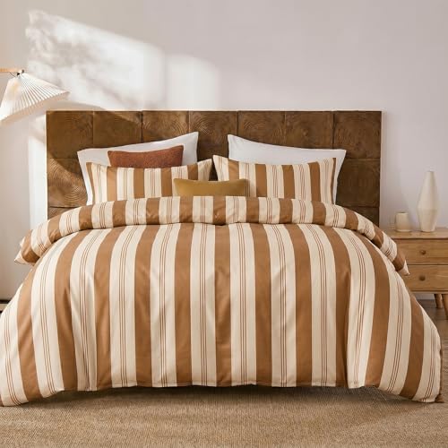 Merryword Khaki Striped Duvet Cover Set King Size, 100% Cotton Bedding