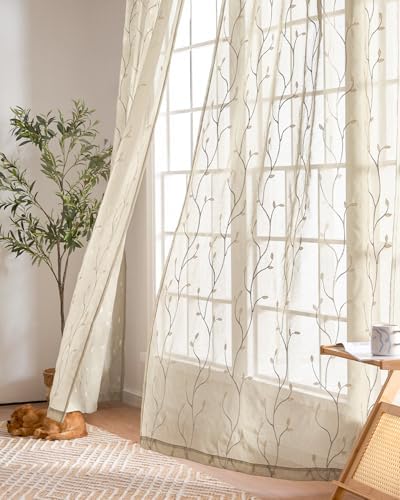jinchan Beige Leaf Voile Embroidered Curtains 96 Inch Back Tab 2