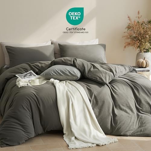 JELLYMONI 100% Cotton Queen Duvet Cover Set, Washed Linen-Like Texture