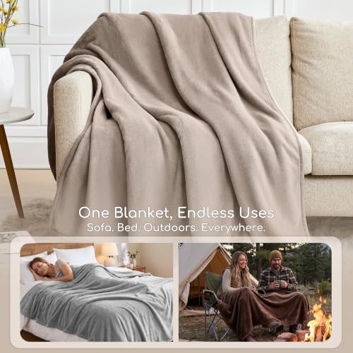 WDCOZY 420GSM Thick Flannel Fleece Bed Blanket, King Size, Beige