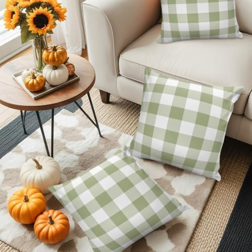 Sage Green White Plaid Waterproof Pillow Covers Set of 2,Minimalist